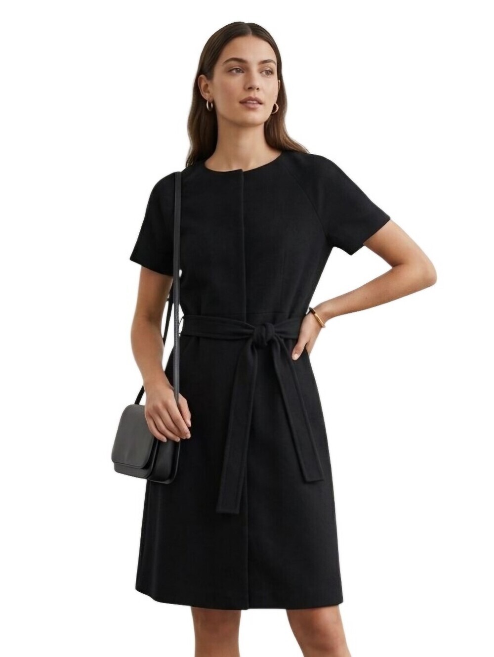 COS Black Wool Cashmere Short Sleeve Midi Coat Dress Belted Hidden Button Size M